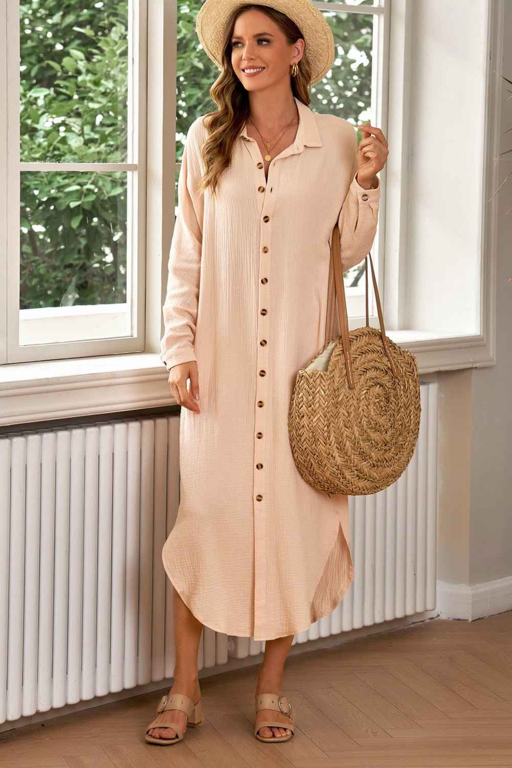 Rosy Cotton Shirt Dress