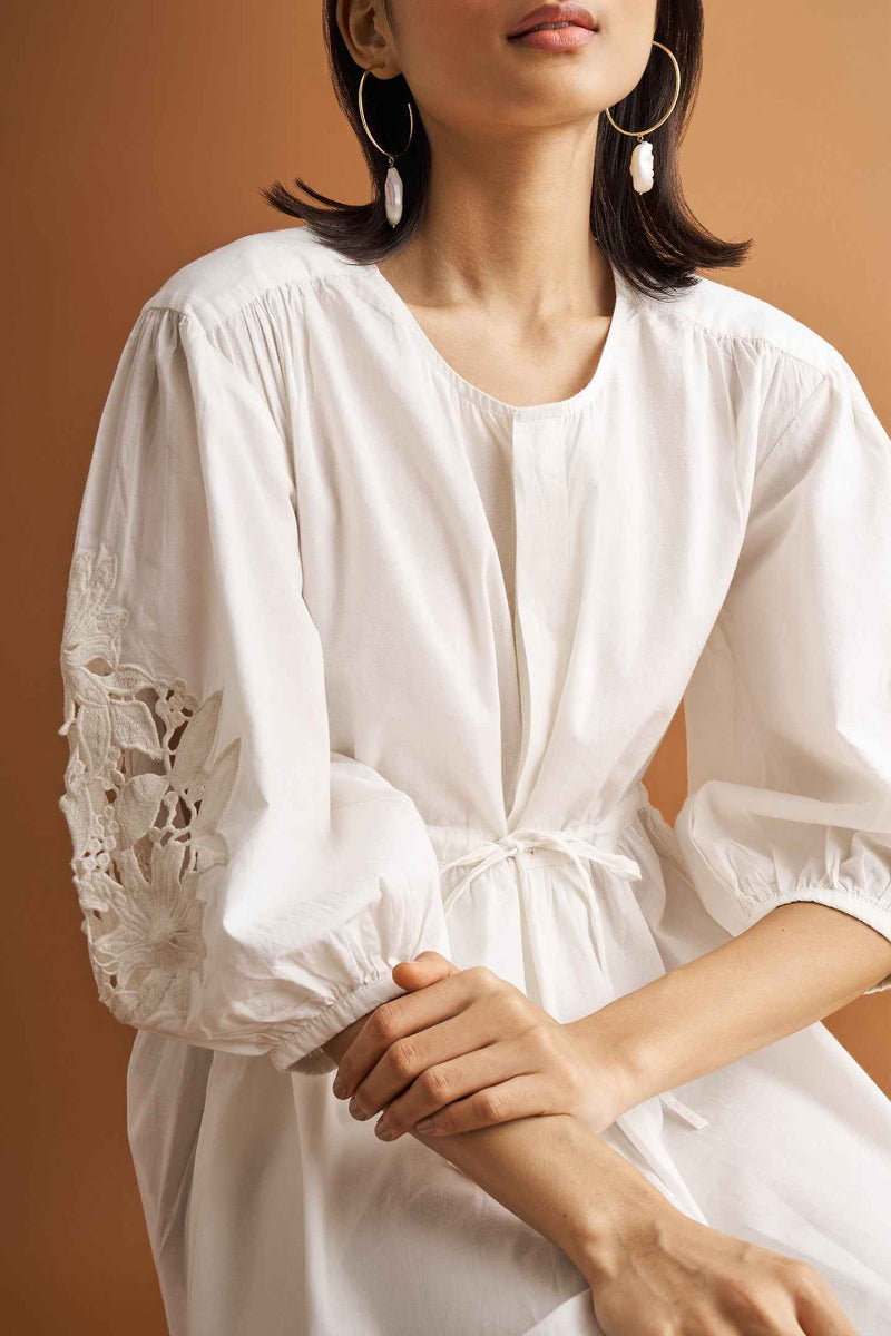 Cotton Shirt Dress with Balloon Sleeves in White
