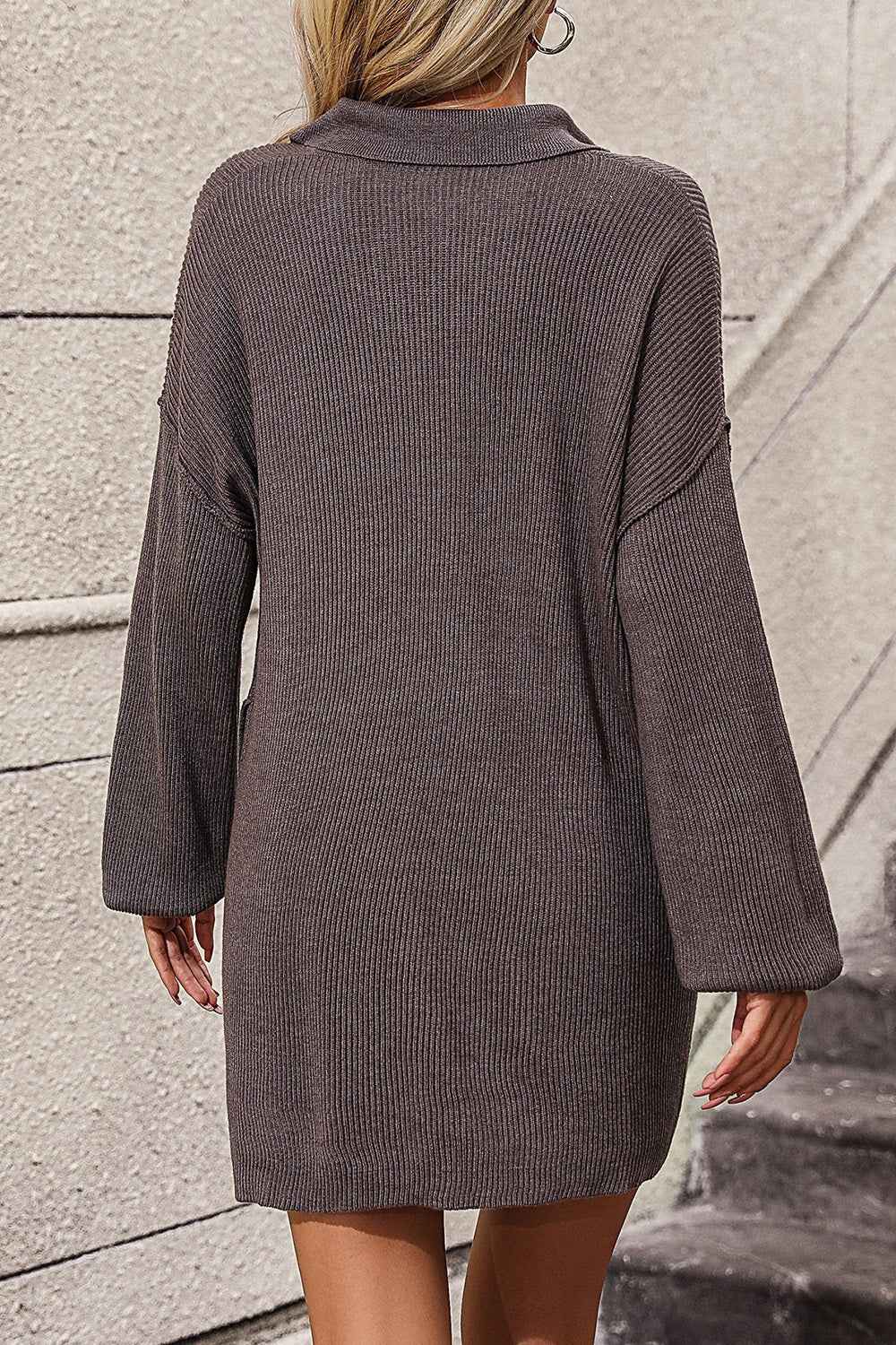 Collared Neck Soft Sweater Mini Dress with Pockets