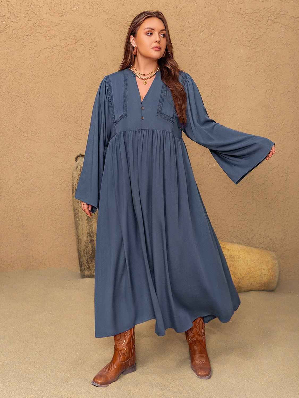 Plus Size Lace Detail Notched Long Dress Regular price