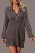 Collared Neck Soft Sweater Mini Dress with Pockets