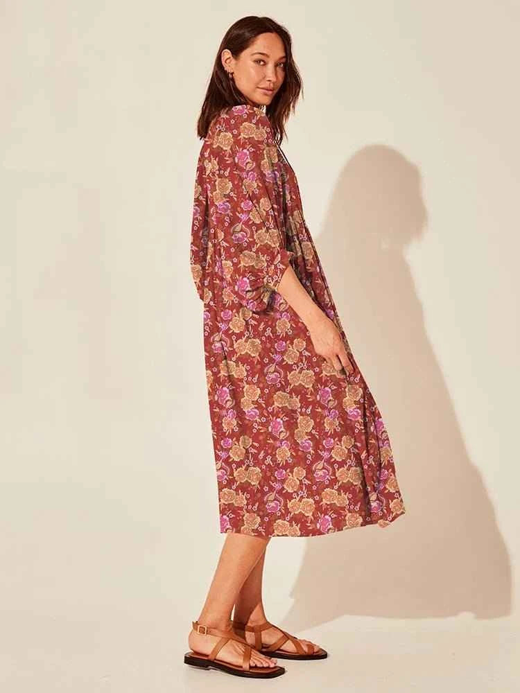 Bohemian Midi Dress with Lantern Sleeves Loose Silhouette
