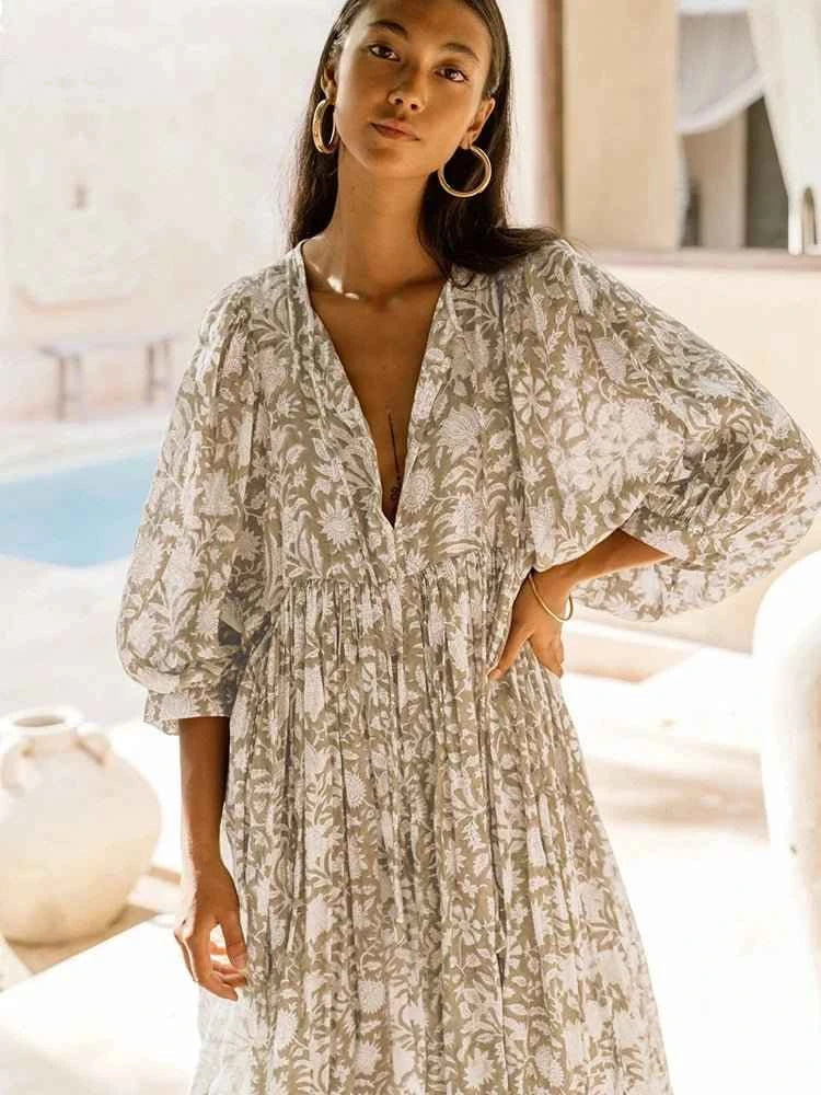 Bohemian Midi Dress with Lantern Sleeves Loose Silhouette