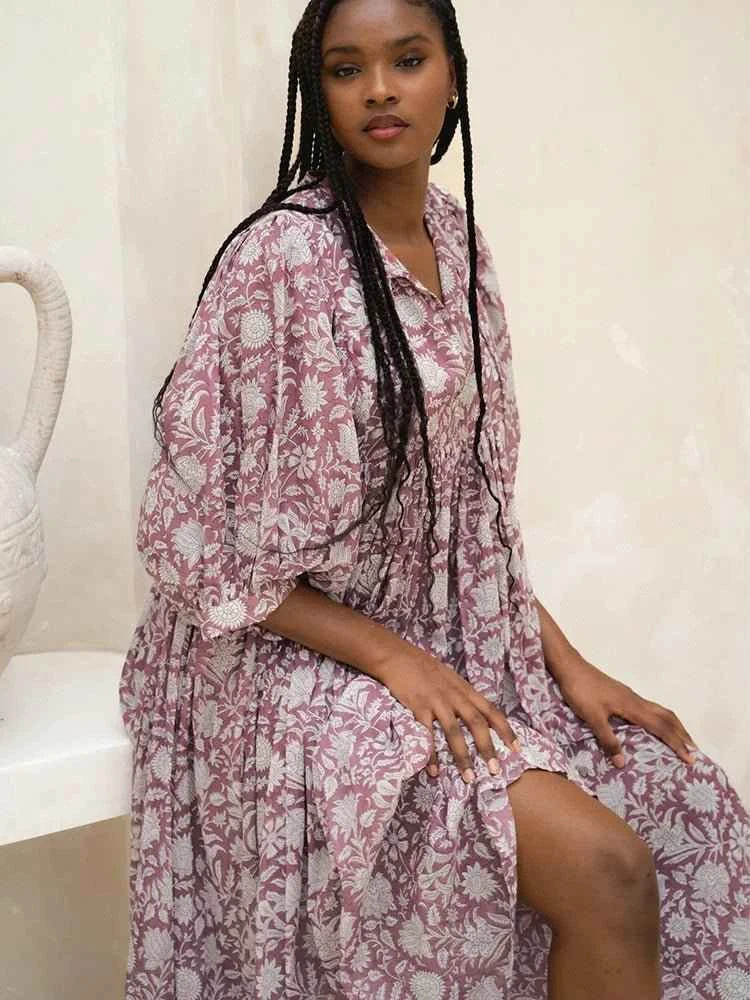 Bohemian Midi Dress with Lantern Sleeves Loose Silhouette