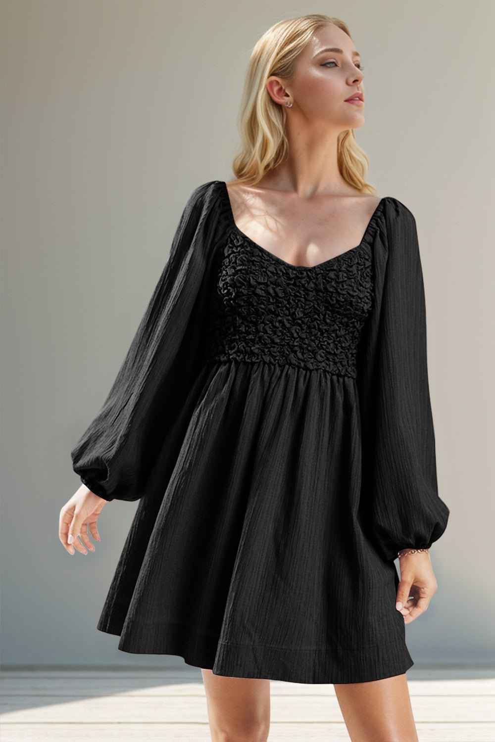Smocked Balloon Sleeve Cotton Mini Dress