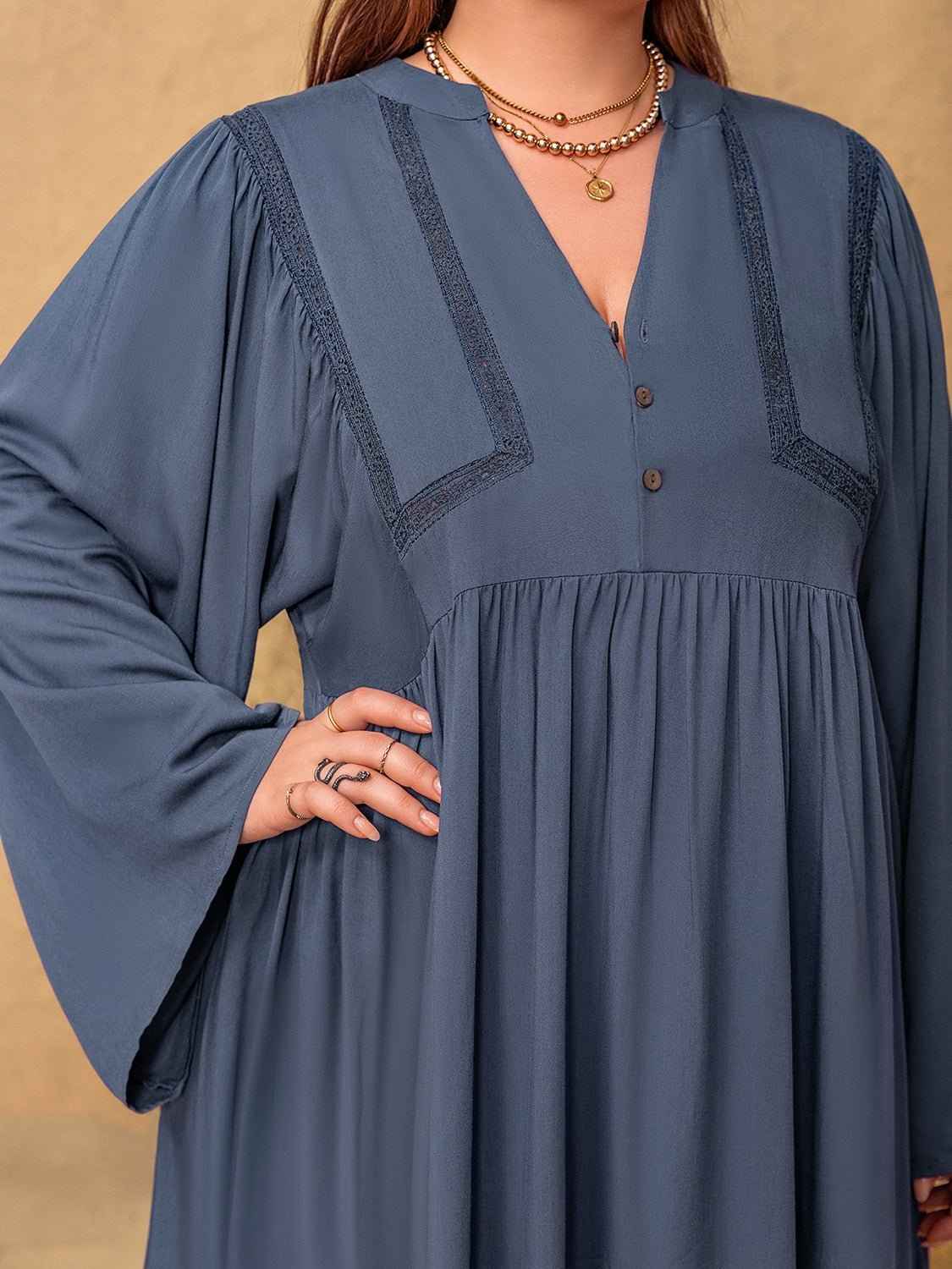 Plus Size Lace Detail Notched Long Dress Regular price