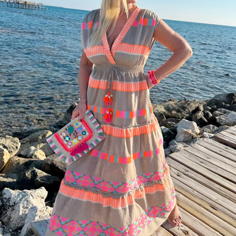 Women's Loose V-Neck Vintage Stripe Pattern Sleeveless Dress