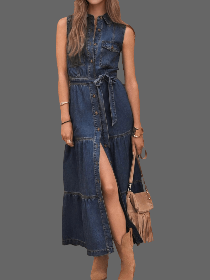 Button Front Sleeveless Denim Dress