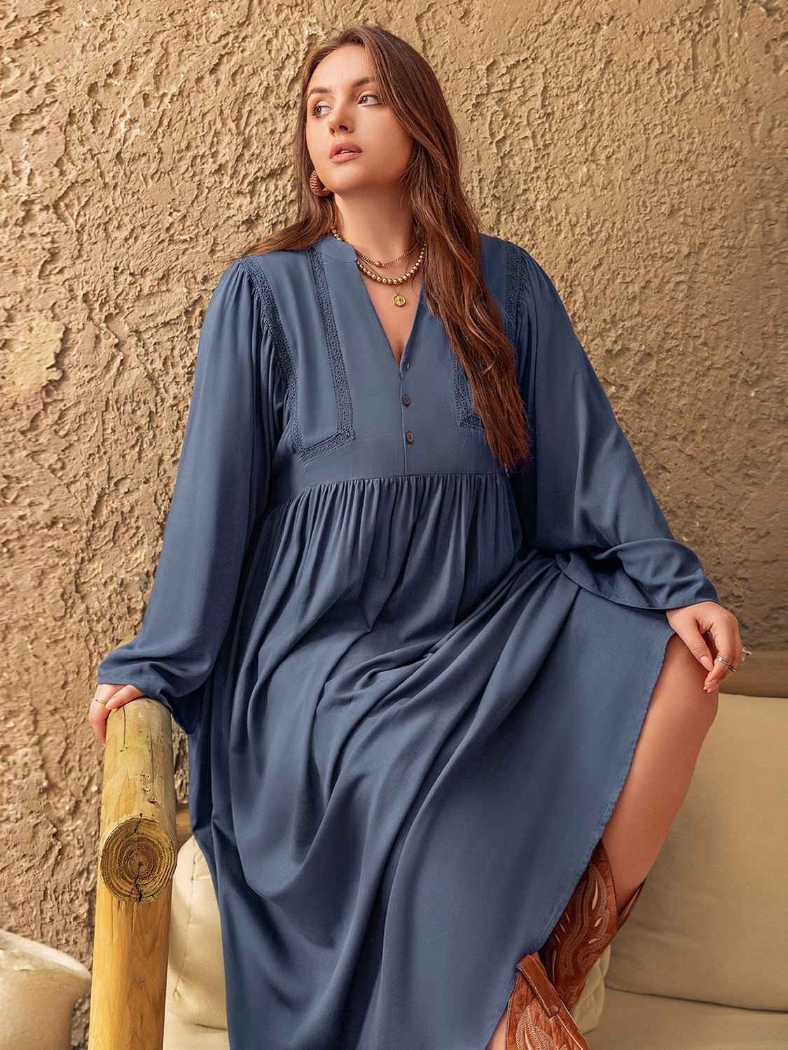 Plus Size Lace Detail Notched Long Dress Regular price